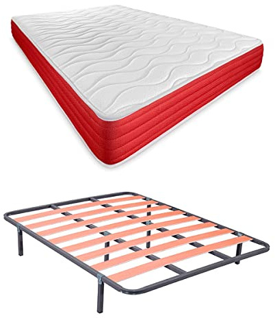 DUÉRMETE ONLINE Cama Completa con Colchón Lite Reversible (Cara Invierno/Verano) Somier Basic con 4 Patas Abrazadera, Gris, 105 x 190 cm