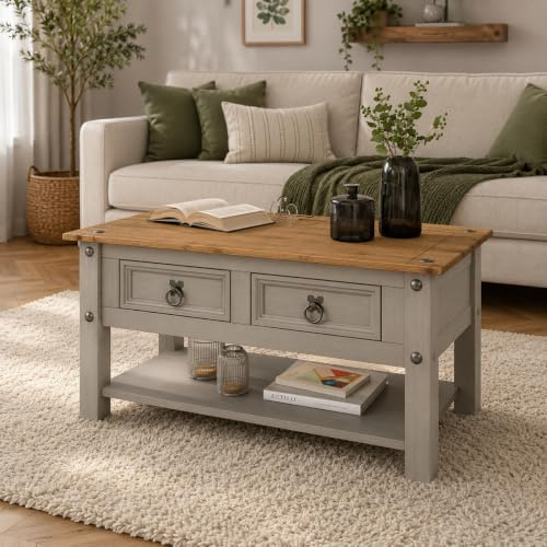 Corona Coffee Table Grey 2 Drawer Mexican Waxed Pine Solid Wood Occasional