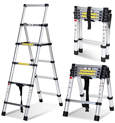 Herrselsam 1,4 m 1,7 m teleskopstege fällbar stege, aluminium utdragbar stege A-ram 4 5 steg, bärbar utdragbar stege halkfri multifunktionsstege, 150 kg lastkapacitet