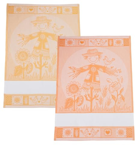 Filet - Set di 2 Canovacci in Jacquard con Inserto in Tela Aida da Ricamare, Made in Italy, Disegno Spaventapasseri, Colore Arancione e Giallo