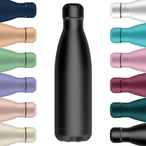 Mi Ko Mi Ka Botella de Agua Térmica de Acero Inoxidable Reutilizable | Sin BPA | Mantiene 24H Frio / 12H Calor | Hermética - Doble Pared a Prueba de Fugas (Negro, 500ml)