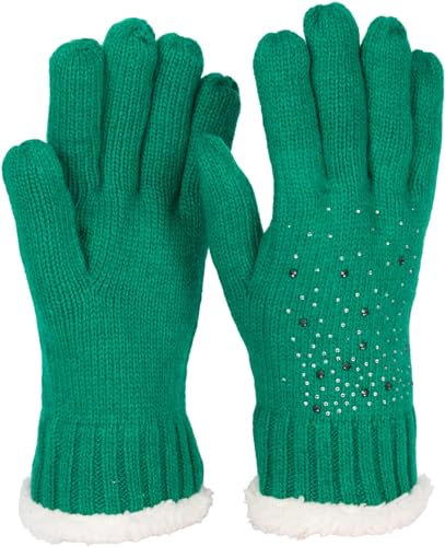 styleBREAKER Damen Strickhandschuhe mit Strass Besatz und Fleece Futter | warme Winterhandschuhe mit Glitzeroptik | weiche Thermo Fingerhandschuhe, Farbe:Grün