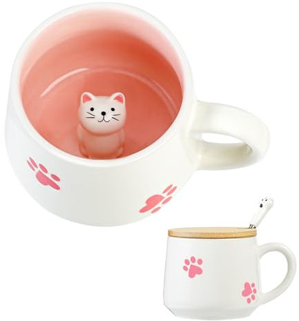 Cosas dulces de cerámica gato taza de café taza de té con tapa cuchara tazas divertidas regalos para mujeres taza de café taza de porcelana 3D taza personalizada capuchino tazas mejor novia regalo de