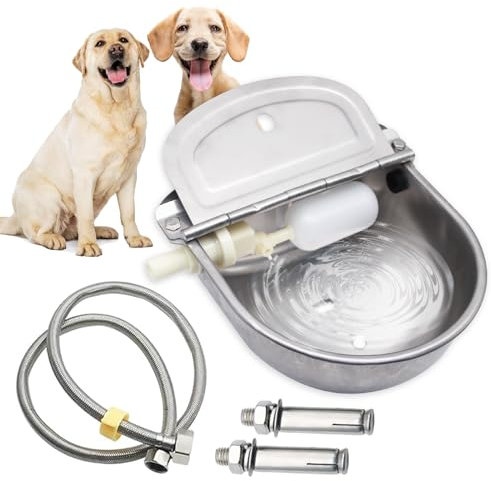 Automatischer Wassernapf für Hunde, große Größe, Tier-Trinkwassernapf, Outdoor-Wassernapf, 304 Edelstahl, Wassernapf mit Schwimmerventil, Ablaufloch, Rohr, für Geflügel und Vieh