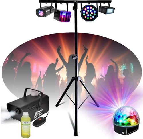 MOOVING LIGHT & SOUND Pack Lumière Pied SUPPORT-DJLIGHT 1,60m réglable - 5 Jeux de lumière Astro Derby Strobe - Machine à fumée 400W