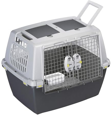 NESTQ Robuste Hundetransportbox für große Hunde, tragbar, atmungsaktiv, aus Kunststoff, mit Griffen, robustes Material, Maße 80 x 62 x 60 cm, Grau