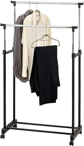 raxter Double Adjustable Height Garment Clothes Dress Coats Jackets Hanging Rail Rack Storage Display Stand on Castor Wheels with Shoe Shelf