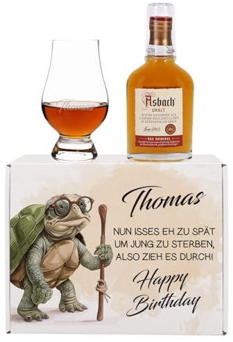 Herz & Heim® Premium Geschenkbox mit Nosingglas mit Gratis Gravur und Weinbrand (Zu spät um jung zu sterben)