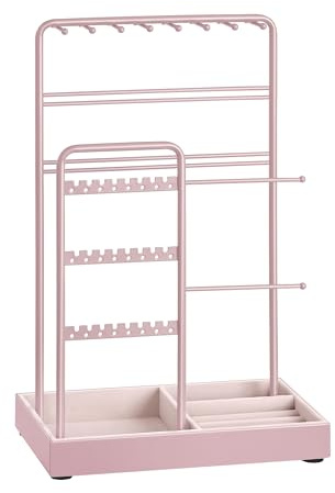 SONGMICS Necklace Holder, Jewelry Stand Holder Organizer, Jewelry Display with Metal Frame, Velvet Tray, Earring Bracelet Holder, for Gift Idea, 4.5 x 7.7 x 12.1 inch, Jelly Pink UJJS021R01