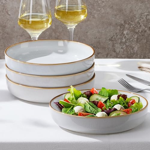 E-far Stoneware Pasta Bowls Set of 4, 35oz Double Reactive Glaze | Wide & Shallow Ceramic Pasta Plates for Serving Salad Soup Dinner, Dishwasher & Microwave Safe, Seashell White