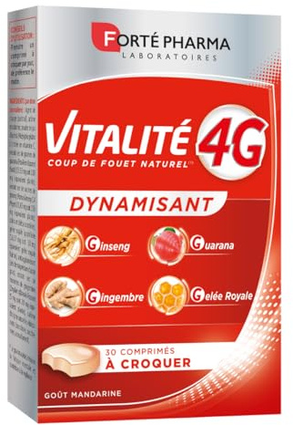 Forté Pharma Complément énergie Vitalité 4G Dynamisant à croquer 30 cp | Energie adulte à croquer, dès 18 ans, Ginseng, Gingembre, Guarana et Vitamine C, goût Mandarine, 1/jour