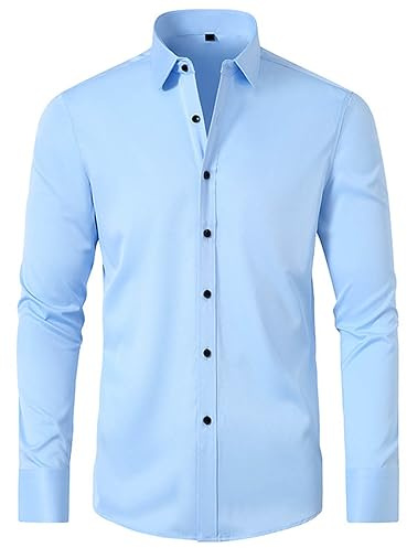 UHouse Hemd Herren Langarm Slim Fit Herrenhemd Baumwolle Freizeithemd Business Hemden Leichte Stehkragenhemd Stretch Anzug Hemd Bequeme Arbeitshemd Basic Oberhemden Blau L