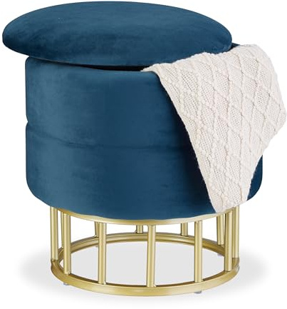 Relaxdays Pouf de Rangement, Velours, Tabouret Rond, matelassé, HxD : 40 x 40 cm, Chambre, Salon, Bleu/doré