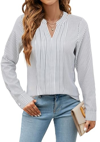 Blooming Jelly Women's Dressy Casual Blouses Business Work Chiffon Tops Trendy Striped Long Sleeve Pleated Shirts 2026 Fall Outfits (Black Striped,Large)