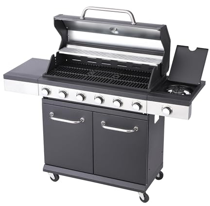 BBQ Kingdom 6+1 Burner Gas BBQ Grill with Side Burner, Black and Silver Large Outdoor Barbecue with Storage Cabinet, Warming Rack, Removeable Grease Tray, Cover, Thermometer, Adapter and Hose