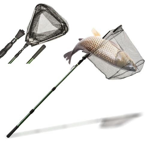 Épuisette de Pêche Pliable,150cm Long Manche Téléscopique,Poteau en Alliage d'Aluminium 3 Section/Filet Nylon Triangulaire,Extensible de 37 à 68 Pouces,pour Carpe Truite Crevette Etang Bassin Poisson