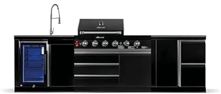GORILLER® BLACKBACK M8 Outdoor-Küche, Gasgrill mit Kühlschrank-Waschbecken-Kombination, Extra-Arbeitsfläche und Stauraum, Edelstahl, Schwarz