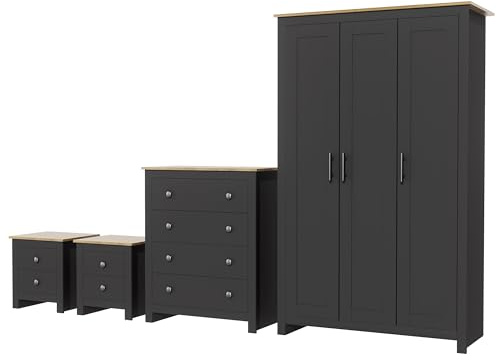 Nera 4 Piece Bedroom Furniture Set 3 Door Wardrobe Set Chest of Drawers and Bedside Cabinet Bedroom Storage (Grey on Oak)