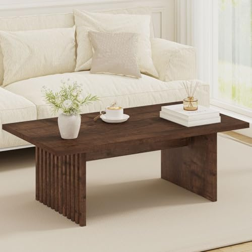 BON AUGURE 47 Inch Coffee Table, Fluted Side Panels Coffee Tables for Living Room, Large Wooden Tabletop Center Table, Farmhouse Living Room Tables for Lounge, Office, Rustic Oak