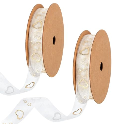 2 Rollen Satinband Gold,Herz Bedruckt Geschenkband Gold 1.6 cm,10 Yard/Rollen,Schneegarn Schleifenband,Stoffband für Handwerk,Geschenkverpackung,Blumen,Hochzeitsfeier,Brautschmuck
