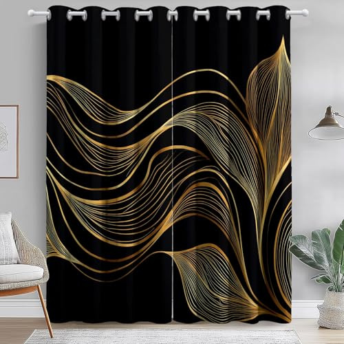 Cortinas Opacas para Sala De Estar Y Dormitorio 75An X 166Al Cm (2 Paneles) Estilo De Lujo Ligero Líneas Patrones De Hojas, con Ojales, Aislantes Térmicos, Reducción De Luz, Negro Estampadas
