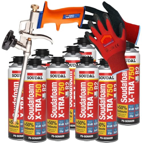 SET SOUDAL Soudafoam X-Tra 750 B2 Pistolenschaum 9 x 500 ml + Arbeitshandschuhe und Schaumpistole von Hauswerk.shop