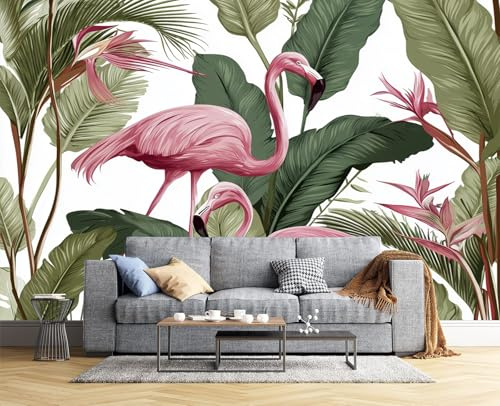JSCWDET Papier Peint Feuilles Plantes Luxuriantes Soie, Vert Sauge Poster Geant Mural 3D Pour Salon Chambre Décoration Murale,Motif Flamant Rose Feuille Bananier,450×315 Cm (W×H)
