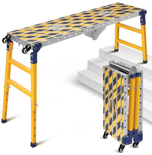 2 in 1 Stabil Arbeitsplattform + Mobiler Schweißtisch mit Antirutsch Klebestreifen, 140 * 36 cm Klappbare Arbeitsbühne Gerüst Werkbank Verzinkte mit Höhenverstellbar, 500 kg Belastbarkeit