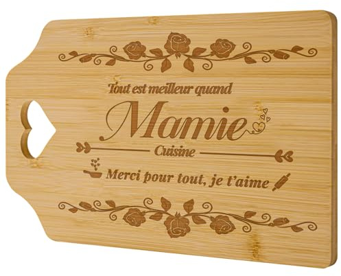 Zindoo Cadeau Mamie Noel Cadeau pour Mamie Originale Planche a Decouper 100% Bambou Gravure Laser Antibactérienne Renouvelable Durable Idéal pour Fête des Grands-Mères Anniversaire Noël