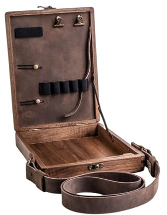 A5 Artist Storage Box - Walnut Wood Messenger Case, bärbar skrivverktygsorganisatör, multifunktionell träväska, borsthållare | kompakta lådor med band för målning av ritning, studiearbete och daglig