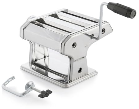 Manuell färsk pastamaskin, rostfritt stål lamineringsmaskin 3 rullar lasagne spaghetti lasagne, justerbar tjocklek 8 nivåer, avtagbar vev, halkfri montering, 21 × 13,5 × 19,5 cm