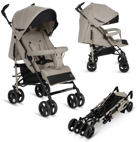 LIONELO Irma Lätt Barnvagn 6–36 Mån, Resevagn (7 kg) – Hopfällbar med en Hand, 360° Svängbara Hjul, Plant Liggläge & Justerbart Fotstöd, XXL Solskydd, Myggnät, 5-Punktssele, Stor Varukorg, Beige