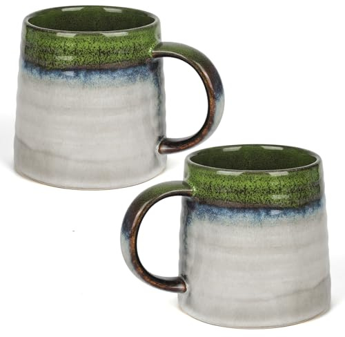 elthmpr Taza de café grande de 450 ml, paquete de 2 tazas de café grandes de cerámica con asa, taza de café de porcelana, tazas de café verde para latte capuchino, cacao, té, leche