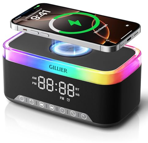 PQSNZ Wireless Charging Alarm Clock Radio – 15W Fast Charging Station for iPhone Samsung,10W Bluetooth Speaker, FM Clock Radio, Dimmable Digital Alarm Clocks for Bedrooms, USB Port, Black