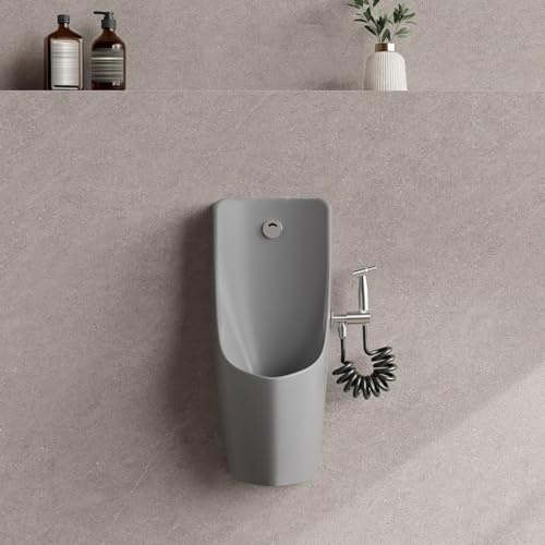 HLDJYLZS Orinatoio da Parete in Ceramica per Uomini con doccetta di Pulizia, orinatoio sospeso salvaspazio per Bagno, Hotel e Uso Commerciale(Light Gray)