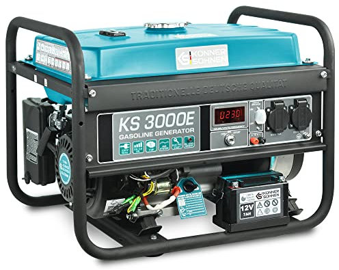 Könner & Söhnen KS 3000E Stromerzeuger, 7 PS 4-Takt Benzinmotor, Kupfer Alternator, E-Start, 3000 Watt, 16A, 230V Generator, für Kleinhaus, Garage oder Camping Blau3e