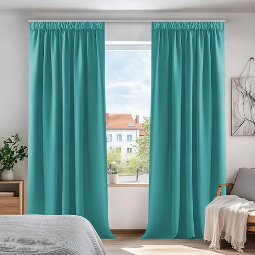 Deconovo Blickdichte Gardinen mit Kräuselband Vorhänge Hitzeschutz Türkis | 2er Set, H 200 x B 140 cm, Thermovorhänge, Wohnzimmer und Schlafzimmer Gardinen, für Thermal Curtains, Sichtschutz