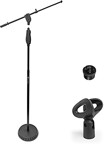 AxcessAbles MS-201RB Round Base Microphone Stand with Microphone Boom, Height Adjustment Quick Clutch & Microphone Clip