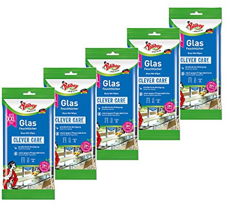 Poliboy Lot de 5 paquets de 24 lingettes humides XXL pour verre Sans traces Nettoyage rapide Pour les petits problèmes du quotidien