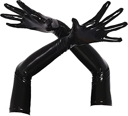dPois Damen Wetlook Handschuhe Lange Kunstleder Fingerhandschuhe Abendhandschuhe Armstulpen Gothic Punk Kostüm Halloween Party Rave Clubwear Schwarz M