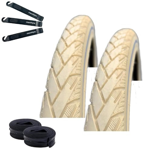 2 x Rexway Mencos Pannenschutz Fahrradreifen Creme mit Reflex 37-622 (28 x 1 5/8 x 1 3/8) + 2 passende Schläuche AV inkl. maxxi4you Reifenheber