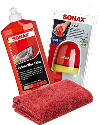 detailmate Hand Polier Bundle: SONAX Polish+Wax Color rot 500ml Politur + P-Ball ergonomischer Polier Ball Edgeless Mikrofaser Poliertuch 550GSM rot