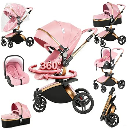 Prokoke PU-Leder Kinderwagen 3 in 1, Buggy mit Verstellbarem Sitz mit 360°-Drehung, Kinderwagen mit Rahmen Aluminiumlegierung, Kombikinderwagen 3 in 1 mit Einem Klick Faltbar Design (906 Pink)