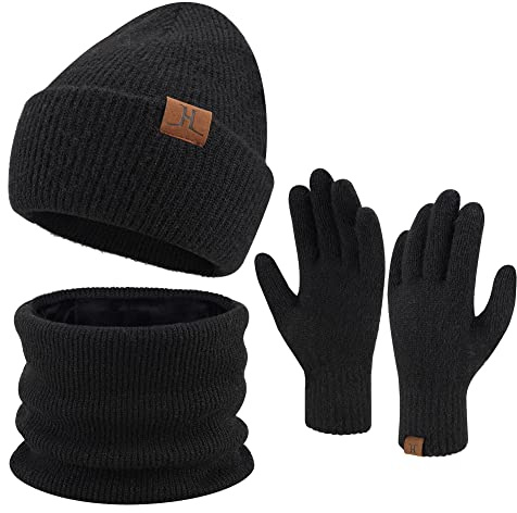 ZASFOU Damen Winter Beanie Mütze Schal Touchscreen Handschuhe Set Warme Wintermütze Loop Schal Schlauchschal Winterhandschuhe Weihnachten Geschenk für Frauen