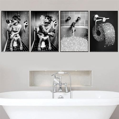 LYBOHO Badezimmer Bilder Schwarz Weiß Set, Modebewusste Dame Bilder Set,Vintage Leinwand Bilder Poster Toilette Badezimmer Wohnkultur - Ohne Rahmen (4PCS-30x40cm)