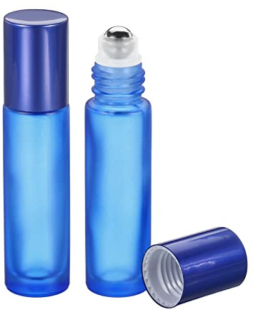 MISETA Botellas de rodillo de 10 ml, paquete de 2 bolas de rodillo de aceite esencial de vidrio con tapa de cubierta, contenedores recargables, azul oscuro mate