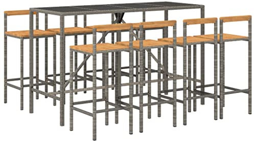 vidaXL Gartenbar Set 9-TLG., Gartenmöbel Bartisch 8 Barstühle, Stehtisch Barhocker für Garten, Sitzgruppe Gartenset, Grau Poly Rattan Massivholz Akazie