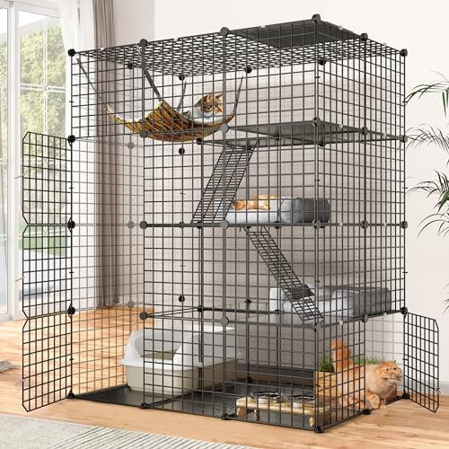 YITAHOME Großer Katzenkäfig für Draußen, DIY Katzenlaufstall aus Metall, 4-stöckige Katzenhütte mit 4 Türen, 3 Leitern, großer Hängematte, Tierkäfige für 1–3 Katzen, Schwarz, 104 x 72 x 140 cm