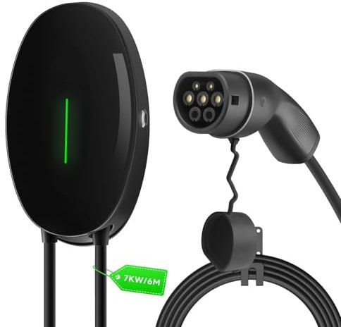 WISSENERGY Stazione di Ricarica per Veicoli Elettrici 7.4KW Caricatore da Parete, 32A Monofase 6M Tipo 2 Cavo di Ricarica con Spina Standard IEC 62196-2, Uso Interno ed Esterno