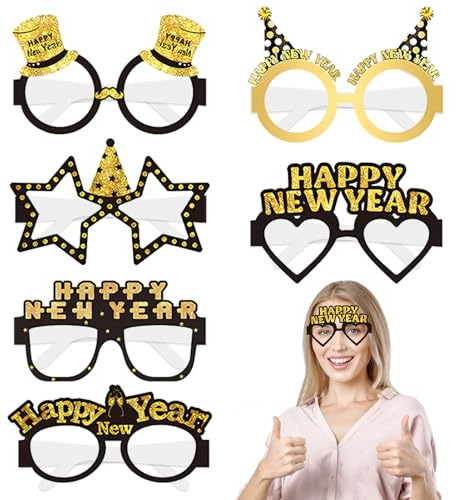Lets Joy Silvester Brille, 6 Stück Happy New Year Brillen, Frohes Neues Jahr Brillen, Neujahr Accessoires, Neujahrsdeko Brille, Party Photo Booth Requisiten, Silvester Party Mitgebsel